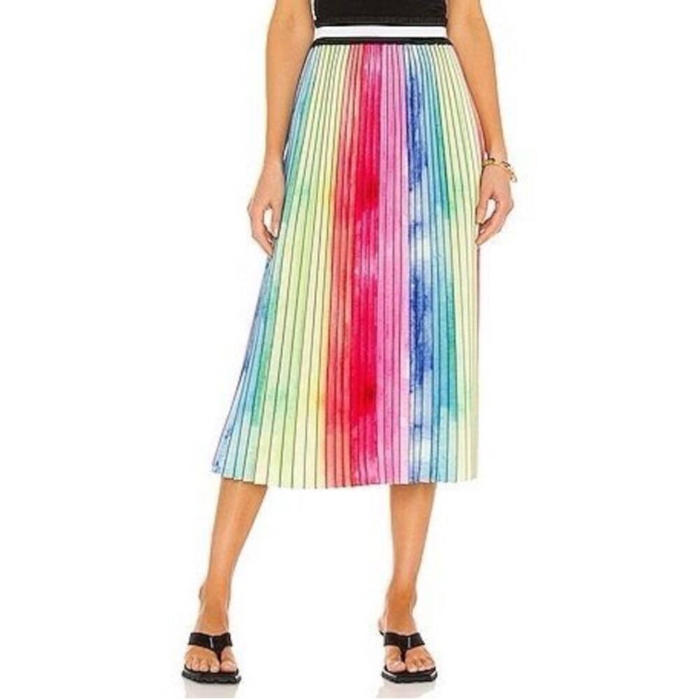 Le Superbe Watercolor Rainbow Pleated Midi Elastic Waist Skirt Size S
